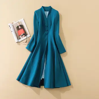 

European and American women's clothing 2020 autumn new style Long-sleeved v-neck Fashionable blue pleated dress