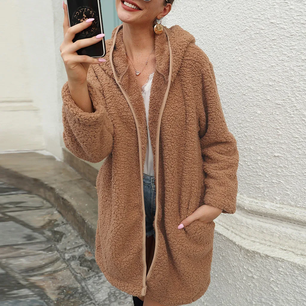 S-XL пальто из искусственного меха плюшевого мишки, женская модная куртка с открытым стежком, зимнее пальто с капюшоном, Женская пушистая куртка с длинным рукавом, новинка