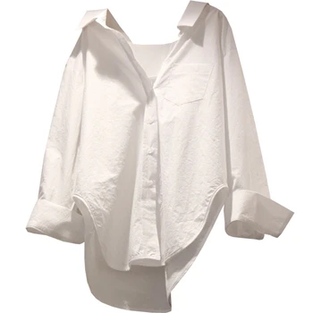 

WOMENGAGA Women Shirt Irregular Long Sleeve Cotton White Blouse Women Plus Size Casual Loose Cotton White Woman Blouses XX212