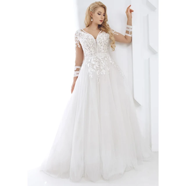 Custom Made Plus Size Long Sleeve V Neck Wedding Dress Lace Appliques A Line Bride Dress For Big Size Women 1