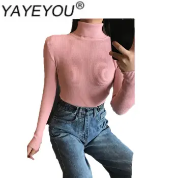 

YAYEYOU Spring casual solid color knitted women high neck sweater pullovers turtleneck basic women sweater slim fit black