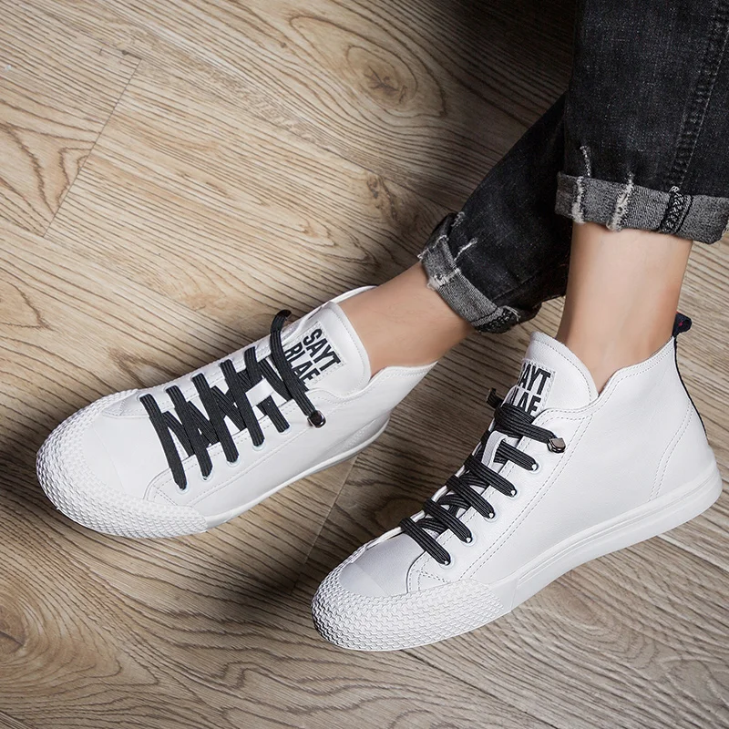 Autumn Winter Men Shoes High-Top Genuine Leather Outdoor Casual Shoes Sneakers Breathable Non-slip Walking Shoes White Simple