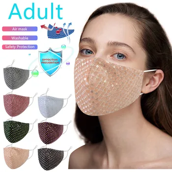 

1pc Adult Sequin Cloth Face Mask Washable Adjustable Earloop Dustproof Breathable Washable Reusable Face Shield Masque Fast Ship