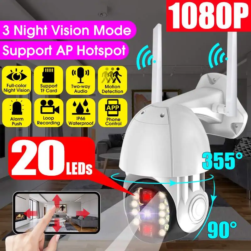 

PTZ 20 LEDs Waterproof Outdoor IP Camera HD 1080P 2MP Night Vision Monitor 2.4G WiFi Security Camera CCTV Surveillance System