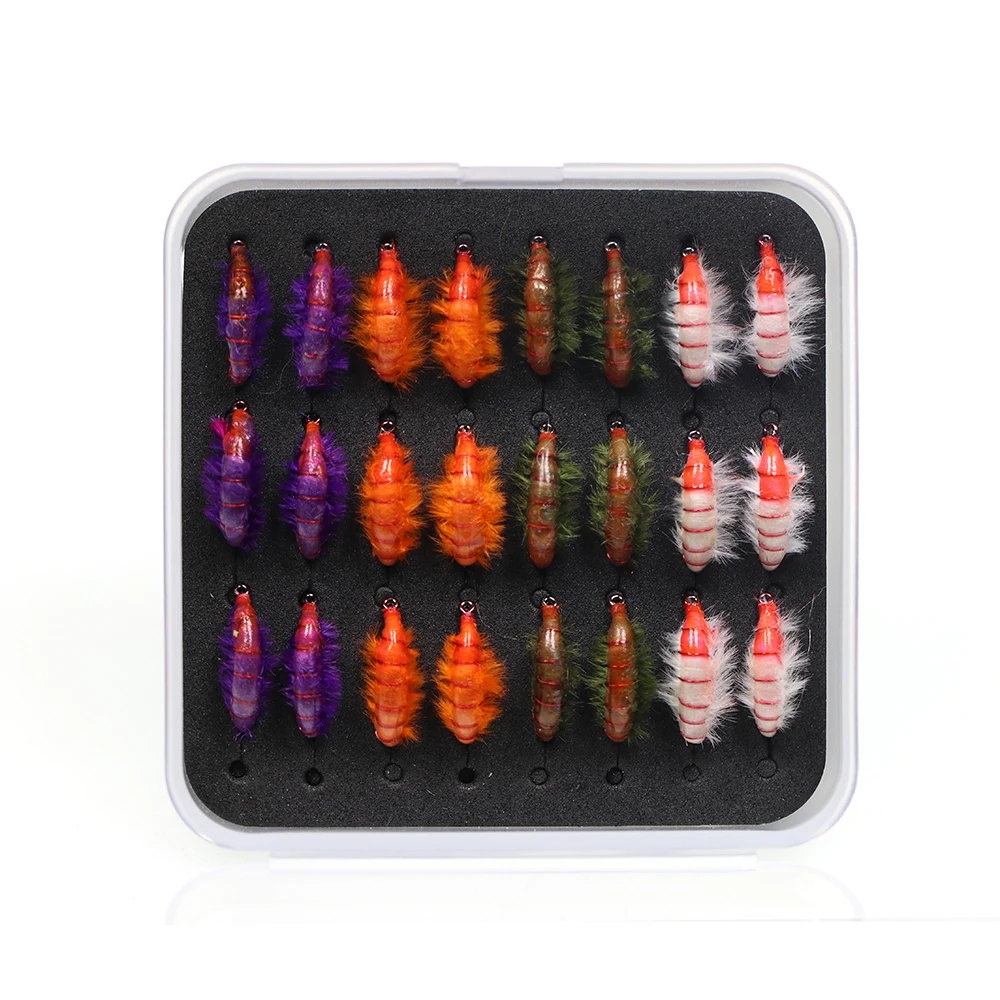 ICERIO 24pcs/Box Scud Bug Worm Nymphs Flies Barbed Hook Trout Fishing Carp Fly Lure Bait