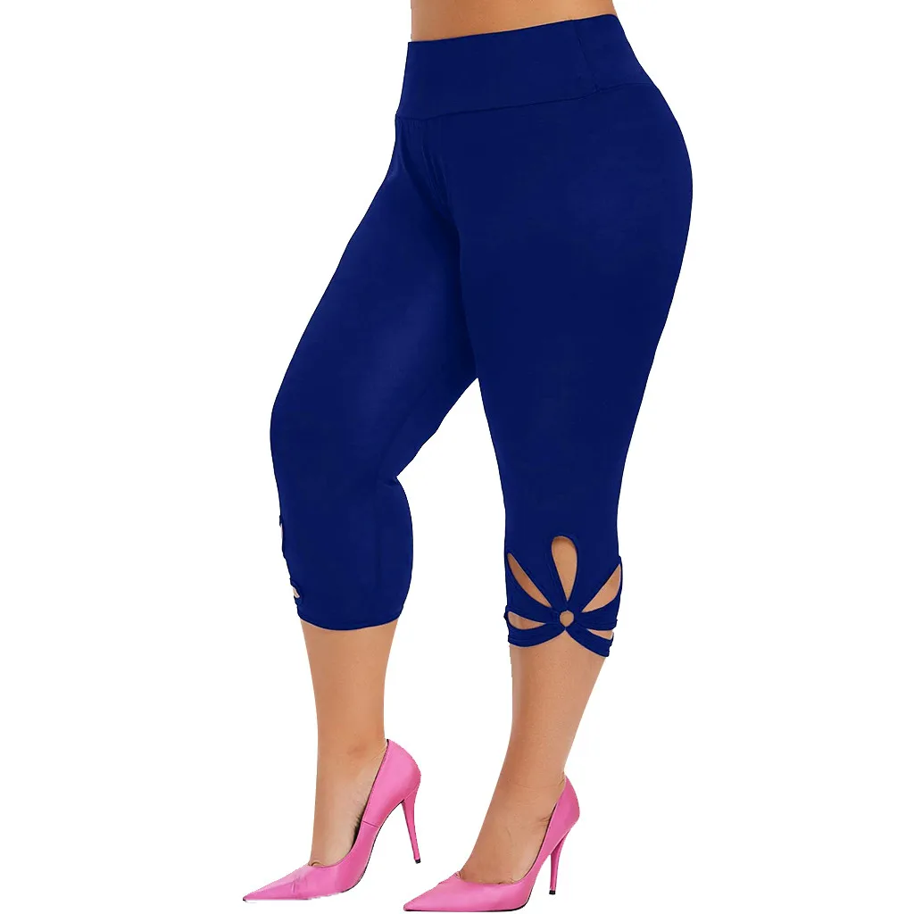 Mallas elásticas de Fitness para mujer, Leggings de cintura alta de talla grande, calados sólidos, informales, de verano