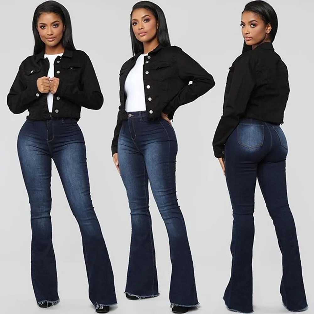 Pantalones vaqueros largos elásticos para mujer, Vaqueros acampanados de cintura alta, informales, Bootcut, S-2XL, Otoño/Invierno, envío directo, novedad de 2020
