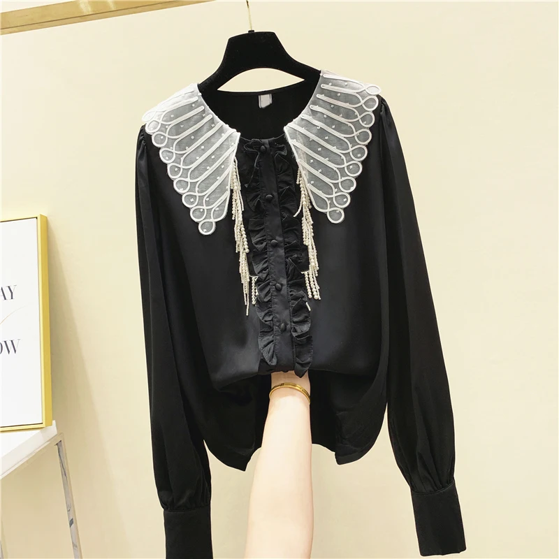 

Doll Collar Beaded Frilled Chiffon Shirt Women's 2020 Spring New Long-Sleeve Princess Style Shirt Top Womens Blouses and Tops