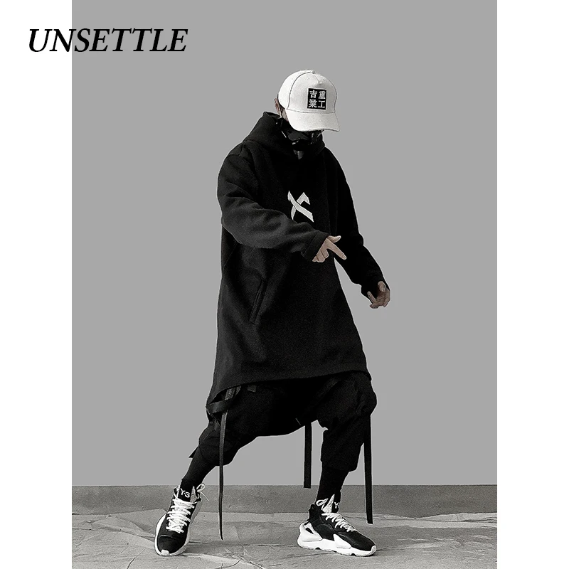  UNSETTLE japanese sweatshirt Mens Oversize Hoodies Long Fleece Cloak Hip Hop Outwear Streetwear Coa