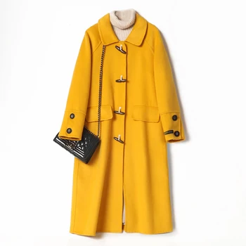 

2019 Winter New Double-faced Cashmere Coat Women's Long Coat Lapels Horn Buckle Comfortable Fashion Women's Coat 50% Wool
