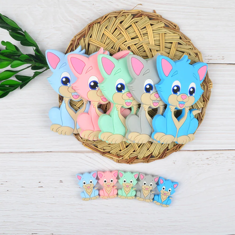 1PC Cat Silicone Teether Toys Necklace Accessories Infant Chew Toys Raccoon Silicone Beads Soft teether DIY Baby Teething 6