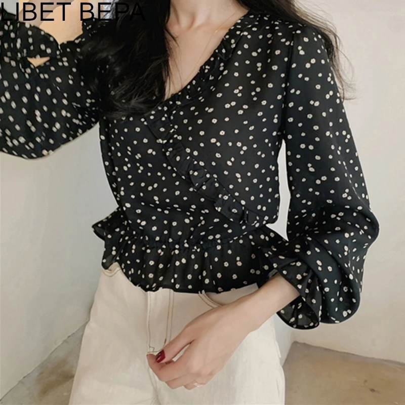 New 2021 Spring Summer Women's Blouse Casual V-neck Floral Pagoda Sleeve Lace Up Shirt Clothing Empire Tunika Sweet Tops BL3065 | Женская