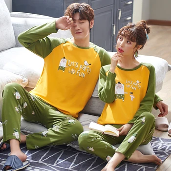 

New Lover Pajama Sets Autumn Cotton Men Pajamas Cartoon Sheep Thin Knit Women Sleepwear Plus Size 3XL Couple Pajamas