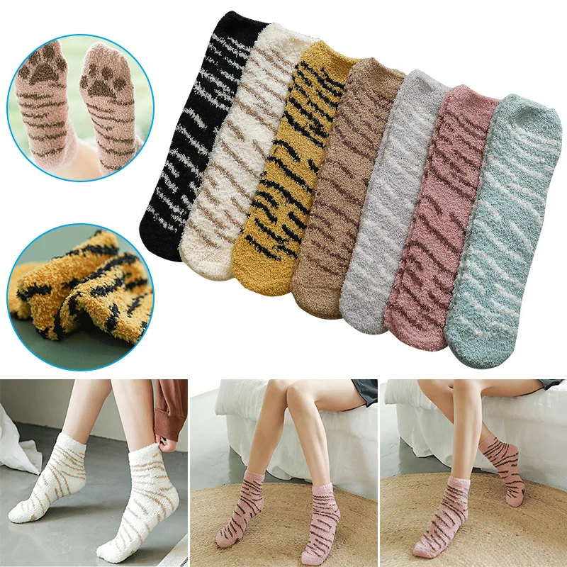 Зимние милые толстые теплые носки-тапочки с котами для сна; женские бархатные носки средней длины; NGD88