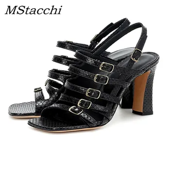 

MStacchi New Sexy High Heels Cow Leather Gladiator Sandals Shoes Woman Roman Print Buckle Thick High Heels Shoes Woman Footwear