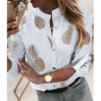 

Women Fashion Crew Neck Long Sleeve Office Lady Summer Blouse Shirt Women Pineapple Floral Casual Shirts Top