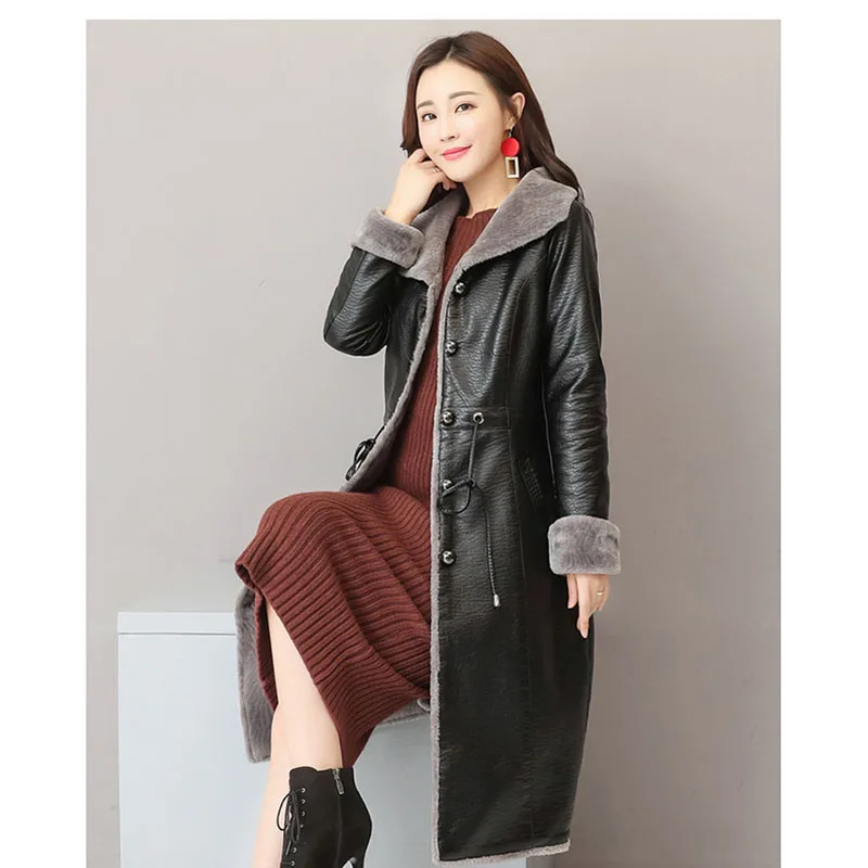 Модная новинка, женская зимняя кожаная куртка, тонкие меховые пальто, длинный осенний Тренч, пальто размера плюс 5XL, толстые кожаные куртки для женщин G41