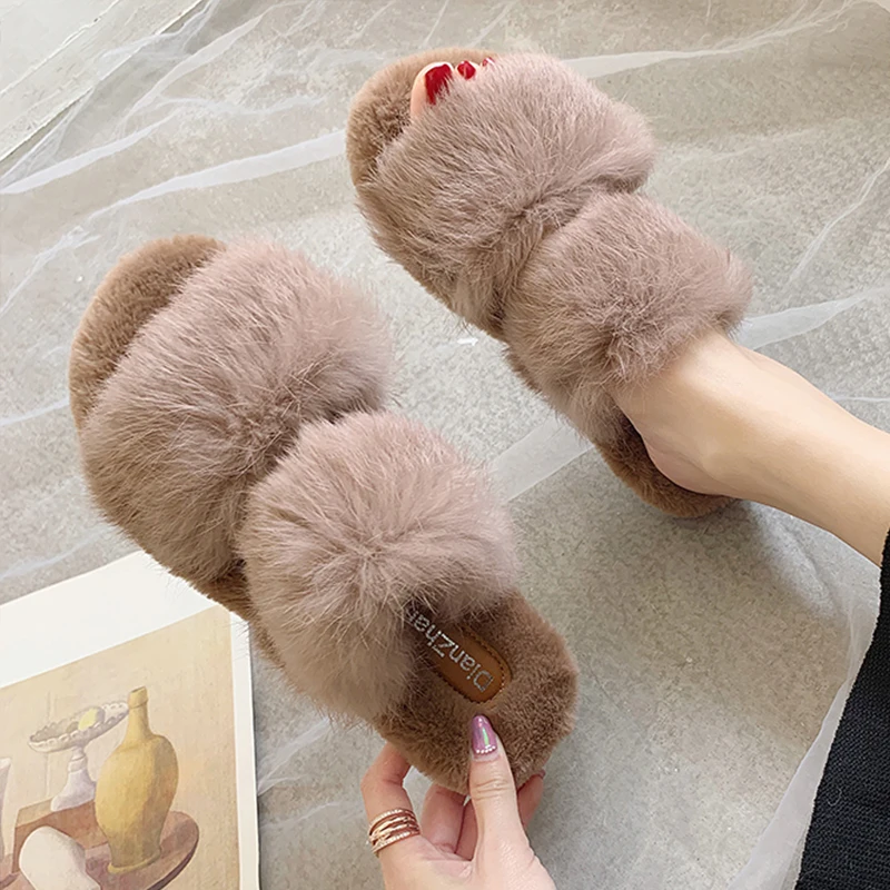 2019 New Winter Soft Furry Slippers Warm Flip Flops Flat Bedroom House Home Indoor Slippers Plush Cute Slippers Women Fur Slides