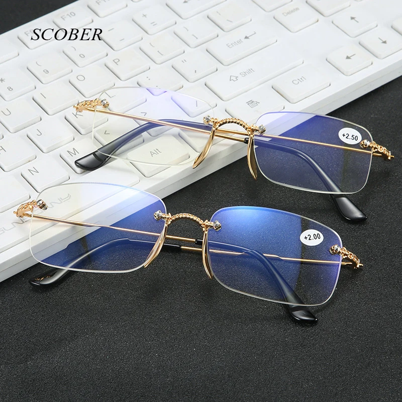 formule Gentleman vriendelijk fundament Goud Elegante Anti Blauw Leesbril Mannen Frameloze Hars Leesbril Vrouwen  Verziend Eyewear Met Case|Leesbrillen| - AliExpress