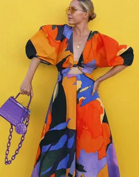 

Casual Print Summer maxi Dress Women V Neck Lantern Half Sleeve High Waist Hollow Out Hit Color long Dresses For Female