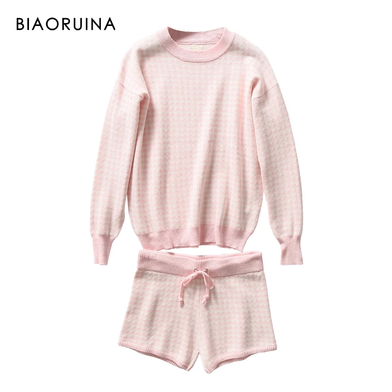 

BIAORUINA Women's Cotton Blends Plaid Korean Style All-match Warm Pajama Set Knit Pullover + Short Female Winter Sleeping Set