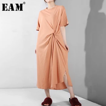 

[EAM] 2020 New Spring Summer Round Neck Short Sleeve Orange Waist Knot Stitch Long Temperament Dress Women Fashion Tide S20