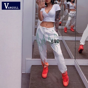 

Vangull White Flaming Fire Printed Streetwear Pants Women Korean Style Elastic High Waist Sweatpants Baggy Pants Summer Autumn