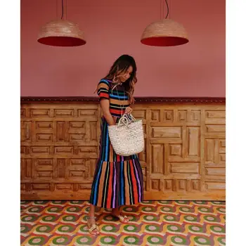 

Women Casual O-Neck Short Sleeve Striped Long Pullover Dress Ankle Length Summer Multicolor Loose