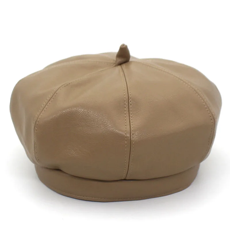 Ditpossible Винтаж pu берет женские шапки Твердые gorras touca береты - Цвет: khaki