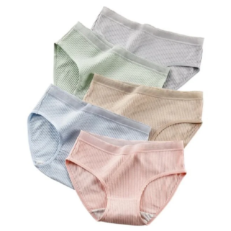 Cotton Briefs Solid Color Underwear Seamless No Trace Women Panties Mid Rise Female Lingerie Striped Pattern Breathable Pants