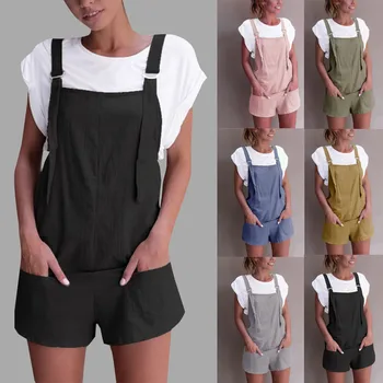 

Casual Solid Women Summer Clothes Elastic Waist Dungarees Linen Cotton Pockets Rompers Playsuit Shorts Jumpsuit Ropa Mujer #25