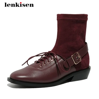 

Lenkisen stretch boots real cow leather buckle cross-tied patchwork thick med heel square toe slip on handmade ankle boots L61