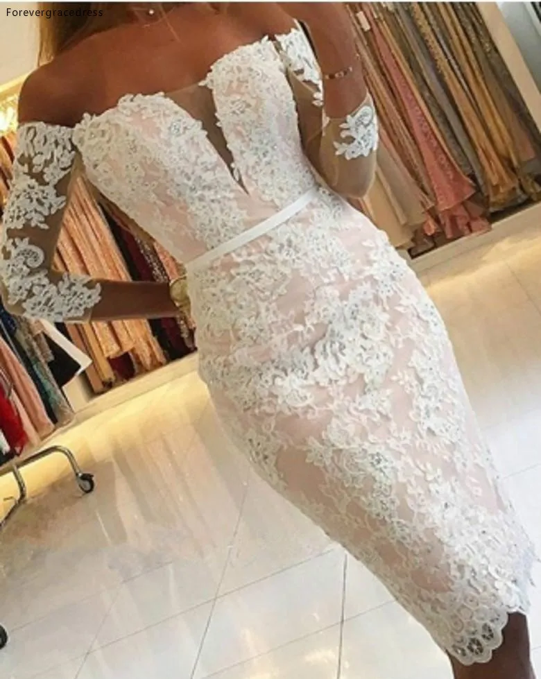 Elegant Off Shoulders Sheath Knee Length Cocktail Dresses Sheer Long Sleeves with Appliqued Short Homecoming Dresses  125 (3)