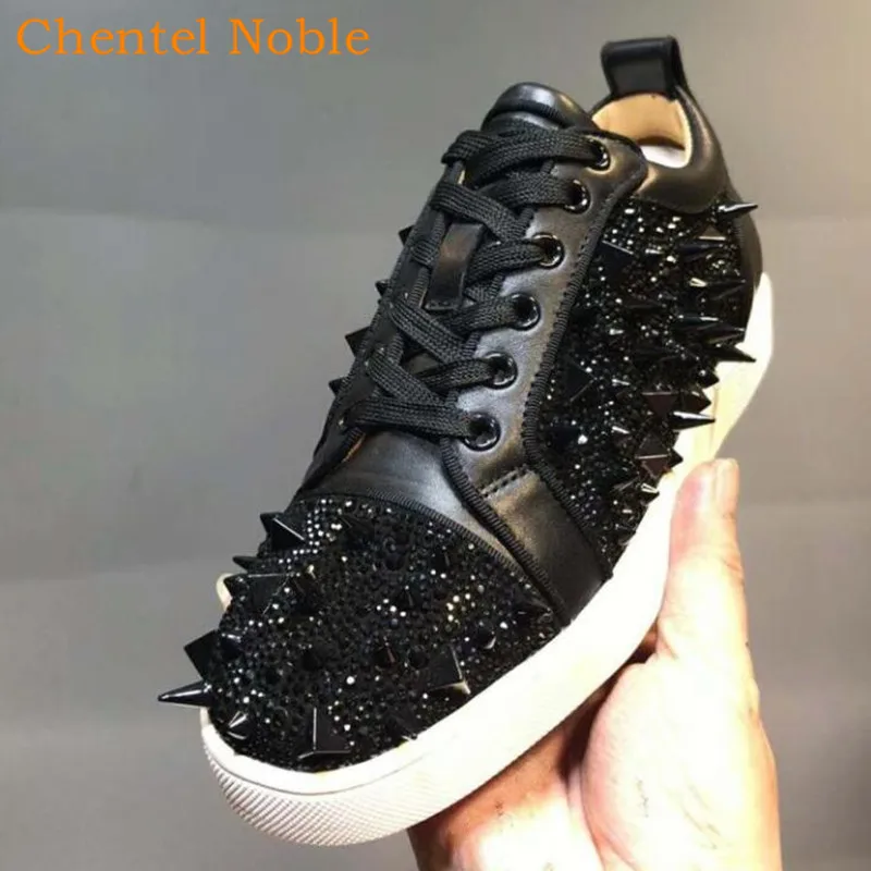 Бренд Chentel благородная кожа черный цвет Шипованный кристалл мужская повседневная обувь для вечеринок мужские высококачественные туфли на плоской подошве со шнуровкой кроссовки