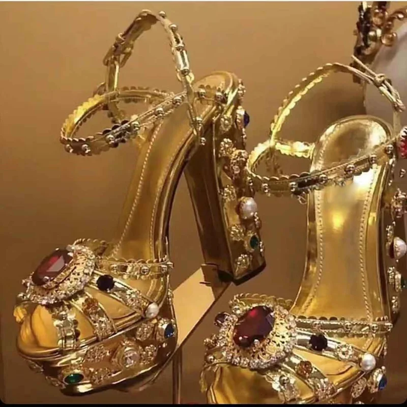 Luxury Gold Metallic Leather Chunky Heel Sandals Muti Jewel Studded