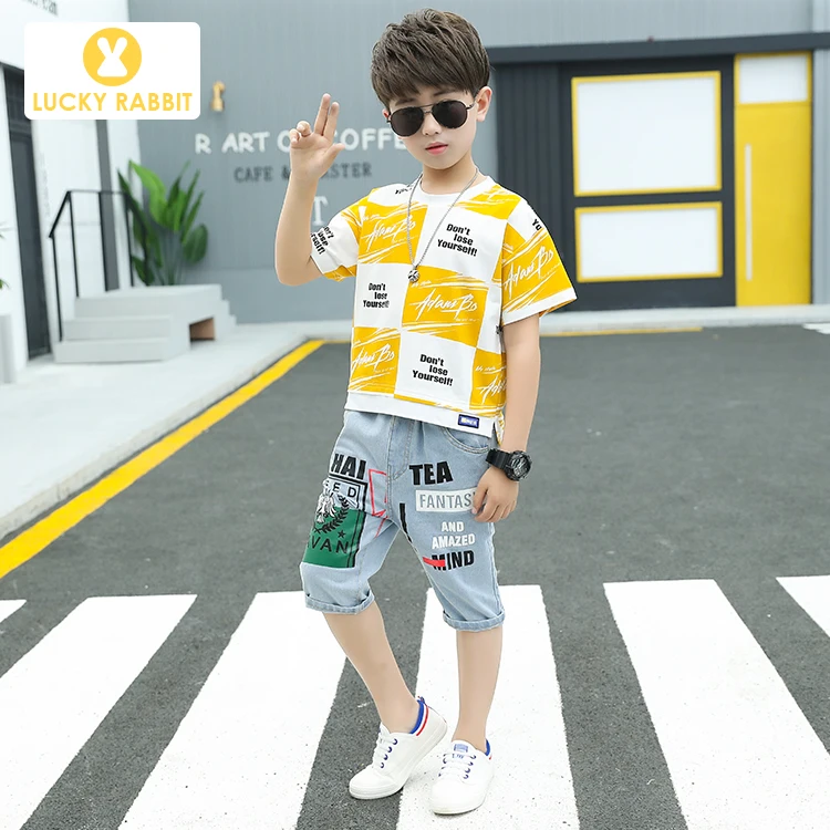 S087 Wholesale Little Small Boy Clothes Children Kids Two-Piece Suit Yellow T Shirt Jeans Cheap Little Boys Short Sets - Цвет: S087