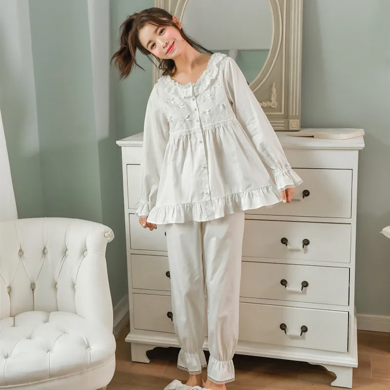 

Soft White Cotton Women's Cardigan Pajamas Sets Spring Autumn Female NightShirt Pyjamas Long Sleeve Casual Loose Sleepwear