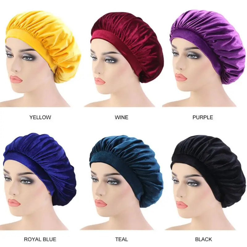 Женская широкая эластичная Ночная шапочка для сна, бархатная однотонная шапочка, шапка-тюрбан M6CD