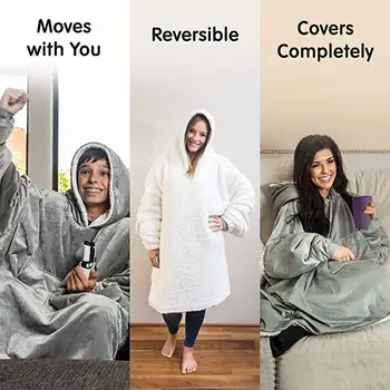 

Winter Warm Comfy Hooded Pocket Blankets Adults Bathrobe Sofa TV Blanket Sweatshirt Solid Plush Coral Fleece Blankets Outwears