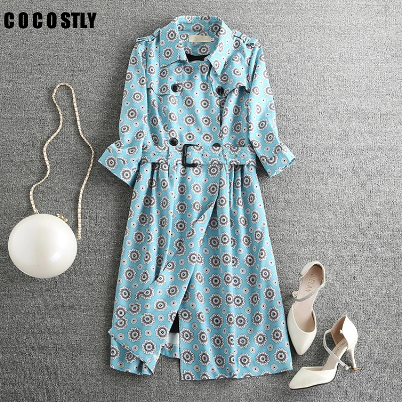

Trench Coat For Women Autumn Print Floral 3/4 sleeve Windbreaker Female Belt Slim Plus size Long Trench Coat