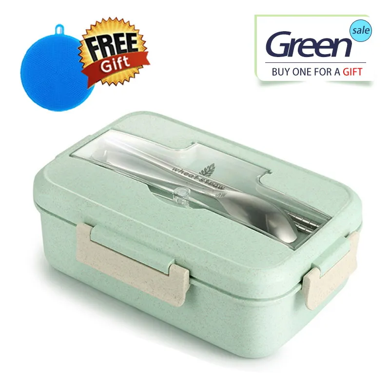 green Bento Ланч-бокс для детей с ложкой палочки для еды контейнер герметичный BPA бесплатно Пшеничная солома столовая посуда наборы экологичные здоровье - Цвет: green