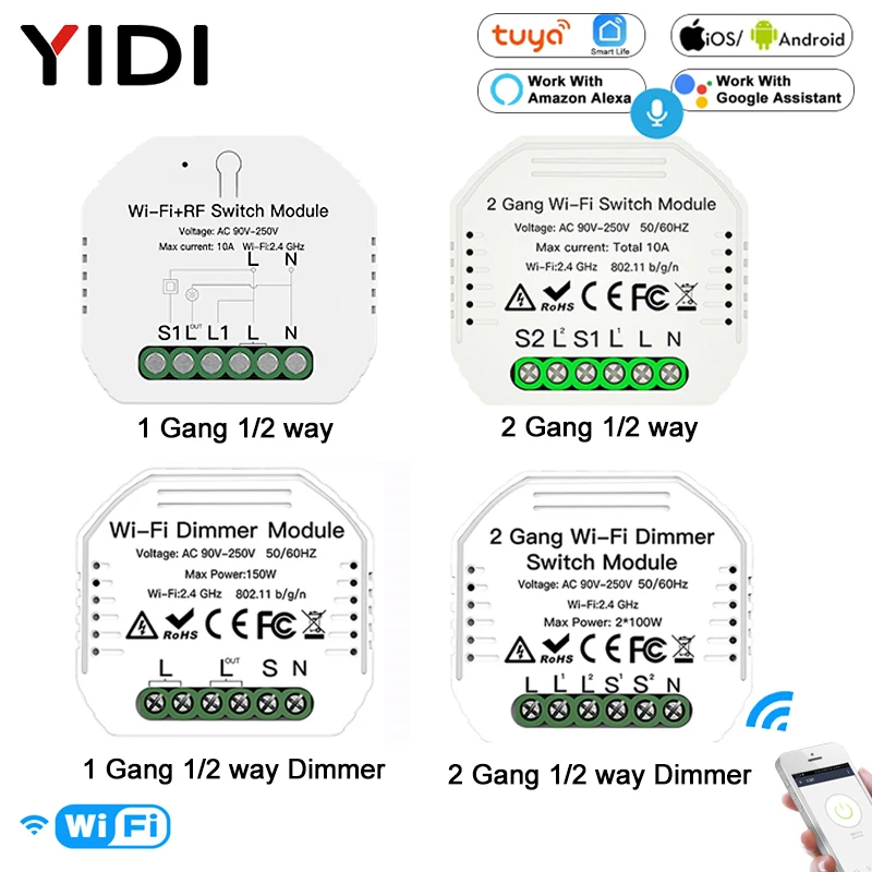 DIY WiFi Smart Light Switch Module Smart Life Tuya Remote Voice Control 1/2 Way 1/2 Gang Dimmer Switch Breaker Google Home Alexa