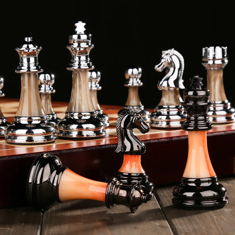 

High Quality Luxury Metal Chess Figures 45*45*3cm New Wooden Chess Set Chessboard Games Folding Alloy Home Chess Decorations Set