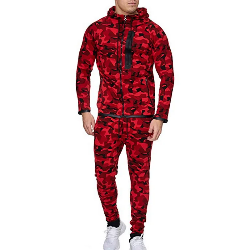 Red A 2 шт. спортивный костюм для мужчин камуфляж принт Ropa Hombre комплект молнии карман толстовки куртки+ карандаш для бега Homme - Цвет: Red A
