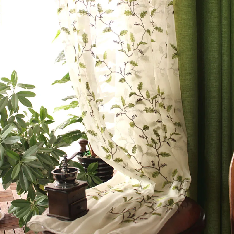 American Rural Style Linen Curtains Embroidered Organza Curtain Modern