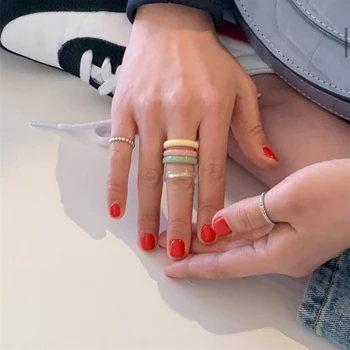

1 PC Korea 2020 Chic Colorful Transparent Resin Acrylic Rings Hot Morandi Color Women Party Jewelry Ring Set