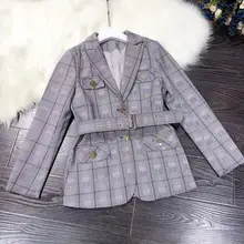 Осень Новая Европейская и американская Женская одежда с длинным рукавом модный пояс Металлическая пуговица клетчатая модная куртка