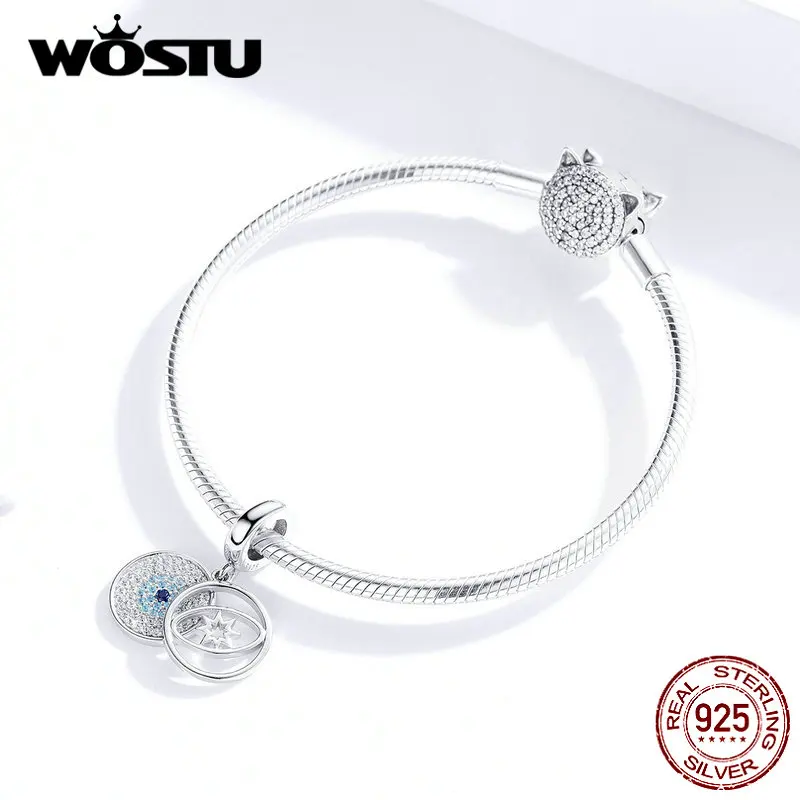 WOSTU, 925 пробы, серебряные, голубые глаза, бусины, циркониевые амулеты, подходят к оригинальному браслету, подвеска, подлинные ювелирные изделия на удачу DXC1365