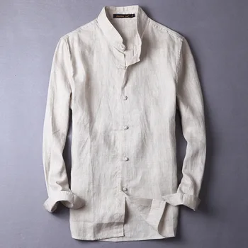 

100%Linen 2020 Autumn New Long Sleeve Shirt For Men Stand Collar Causal Shirts Solid Color High Quality Men's Clothing