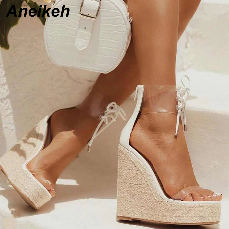 

Aneikeh Summer 2019 Concise PVC Sandals Women Zip Cover Heel Transparent Wedges High Heel Shoes Round Toe Ankle White Size 35-40